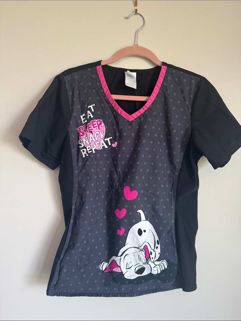 Cute Dalmatian Print Scrub Top - Black & Hot Pink